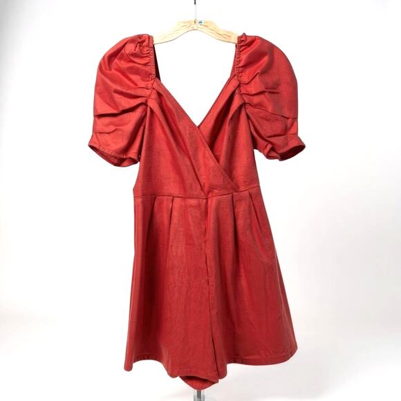 Womens Linen Blend Romper Size S Red Puff Sleeve Romantic Beachy Event Travel - Picture 3 of 11